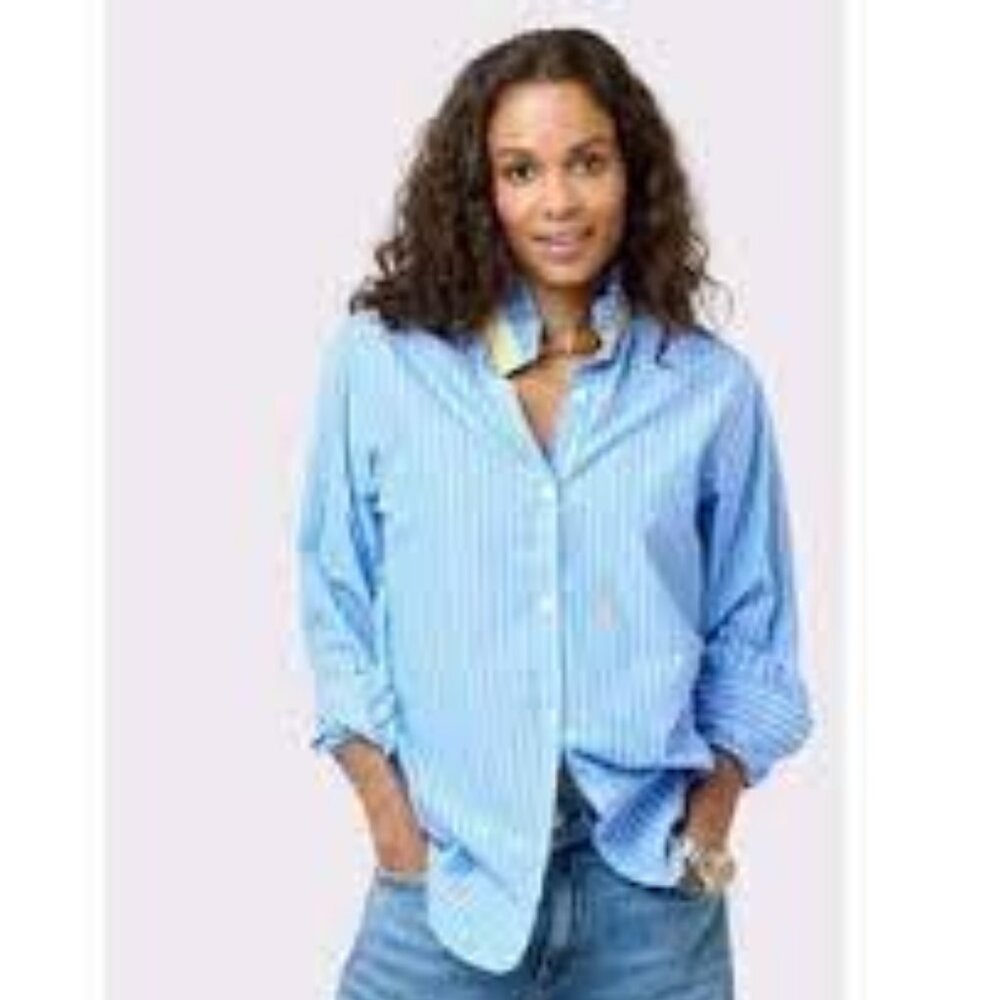 Kerri Rosenthal MIA STRIPE RUFFLE SHIRT Blue stripes size Small